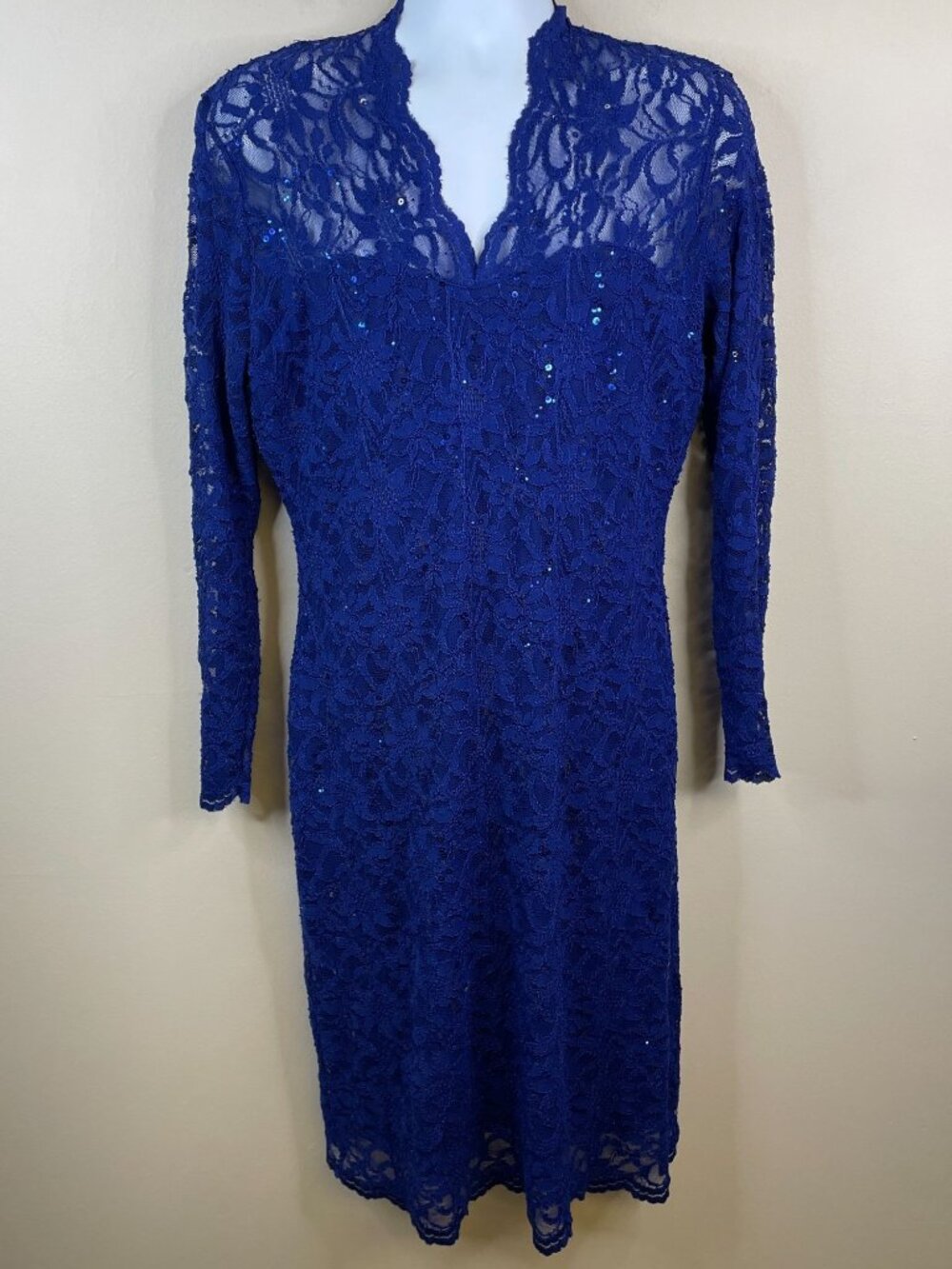 Blu Sage Vintage‎ Romantic Lace Sequin Dress 16 Royal Blue Sheath Holiday Party